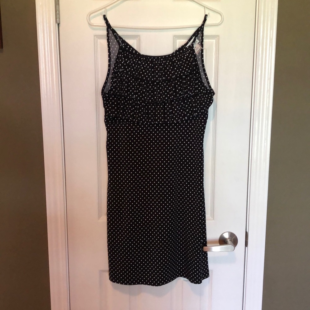 Little black polka dot sundress/front ruffles